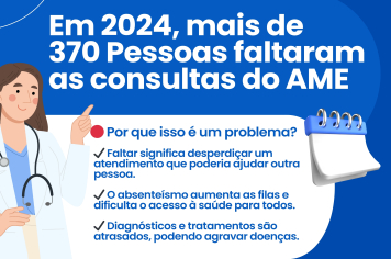 Você sabia que, só em 2024, mais de 370 pessoas em Bernardino de Campos faltaram às consultas e exames no AME? Cada ausência deixa um vazio que poderia ser ocupado por alguém que precisa.