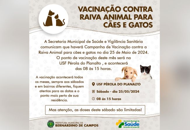 CAMPANHA DE VACINAÇÃO  CONTRA RAIVA ANIMAL PARA CÃES E GATOS 