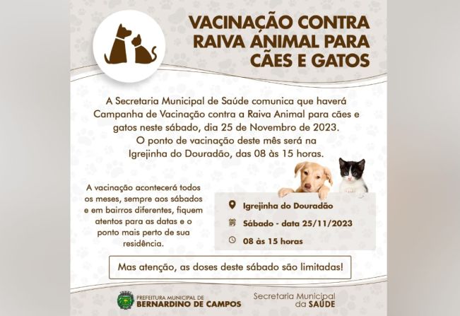 CAMPANHA DE VACINAÇÃO CONTRA RAIVA ANIMAL PARA CÃES E GATOS